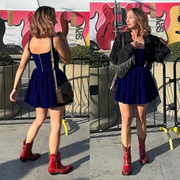 Silvia Astore Annie Ibiza Velvet Navy Blue Corset Square Neck Mini Dress IT 38/0 - Picture 13 of 14